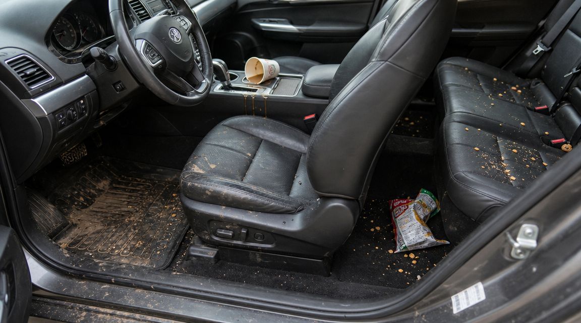A dirty and cluttered car interior with a spilled cup of coffee and scattered snack debris.