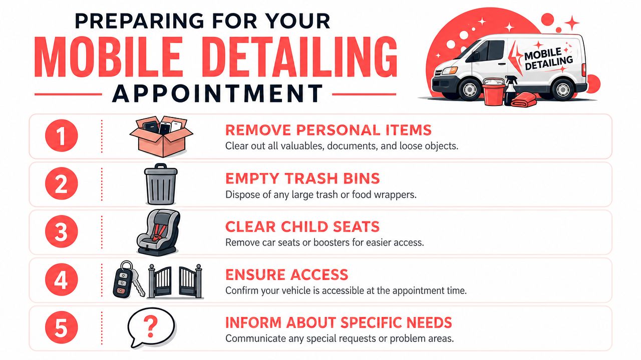 A list of five essential steps to follow when preparing your car for a professional mobile detailing appointment.