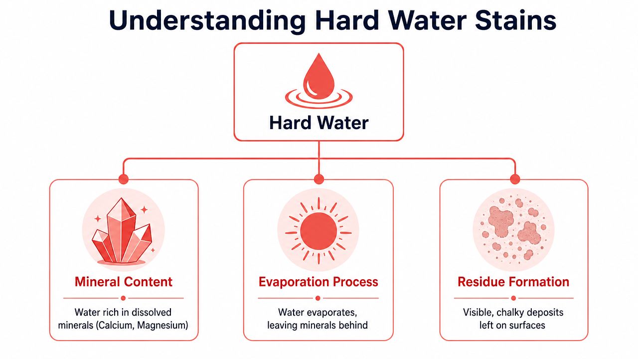 A flowchart infographic explaining how hard water creates stains through mineral content, evaporation, and residue formation.