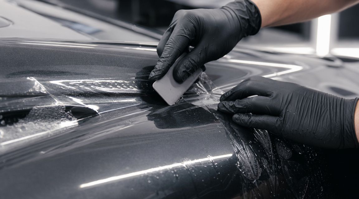 A professional technician wearing black gloves carefully applying paint protection film to a car's glossy surface.