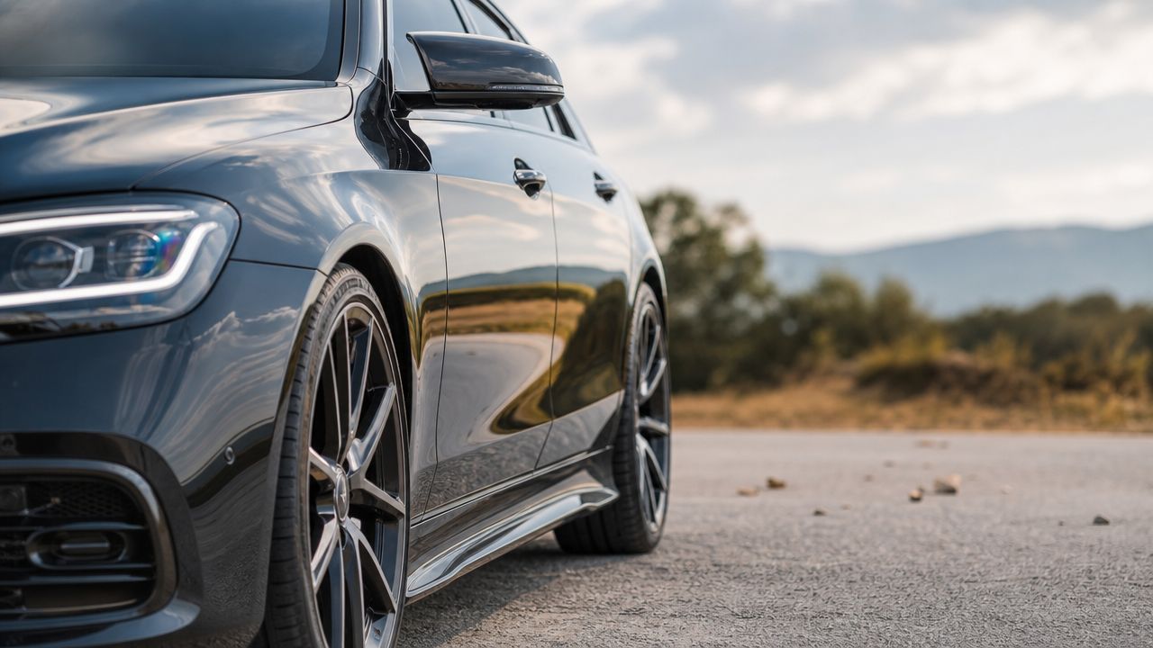 A close-up view of a dark luxury car parked on an asphalt road in the countryside.