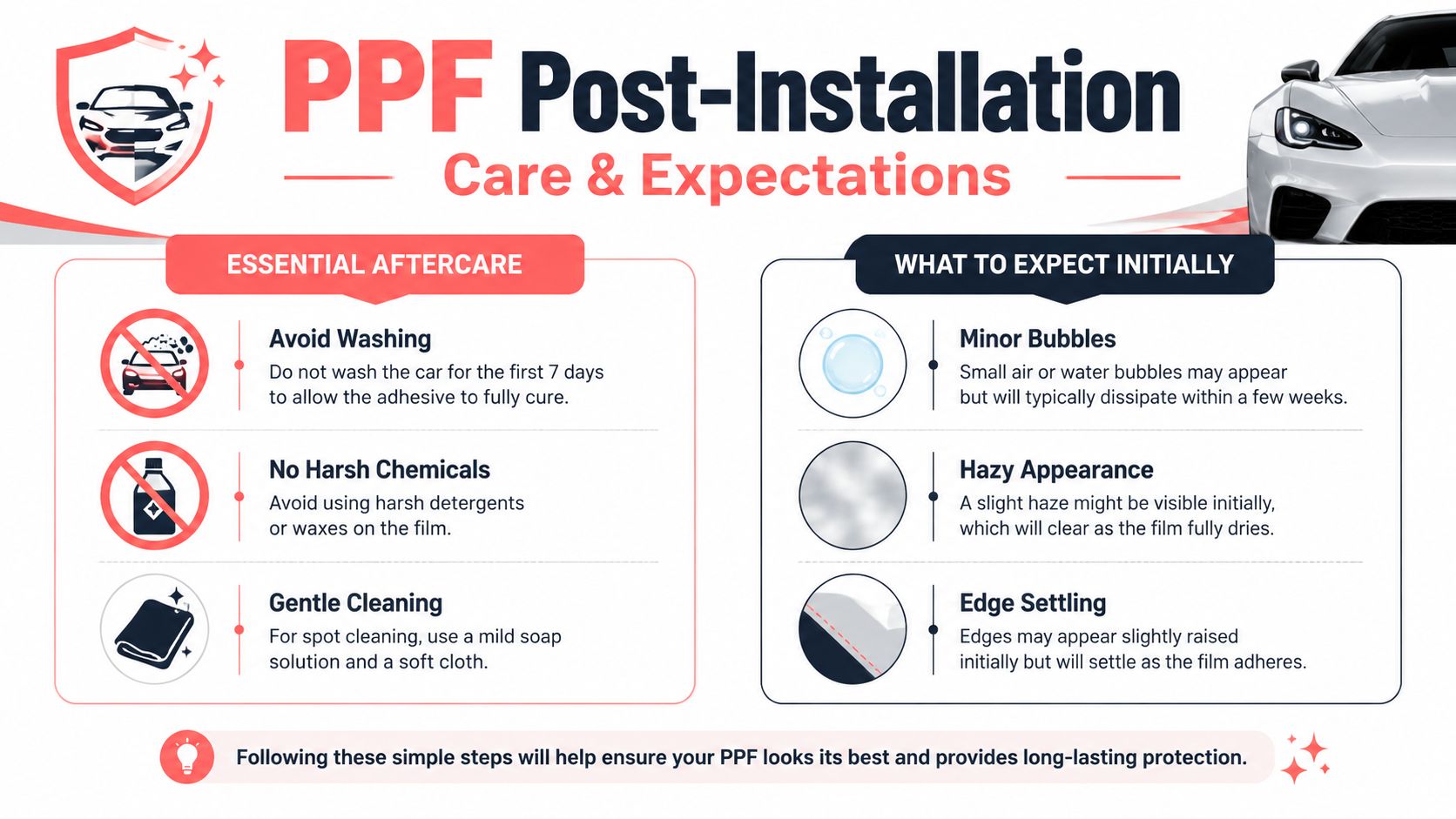 An infographic detailing essential post-installation care instructions and expected appearance for automotive paint protection film.