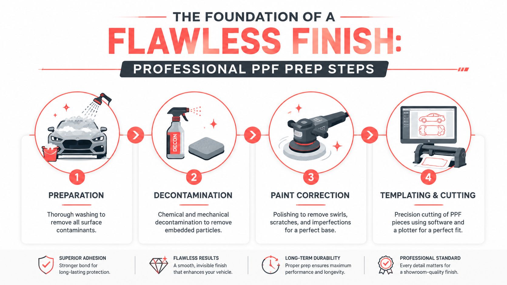 An infographic detailing the four essential professional steps for preparing a vehicle for paint protection film installation.
