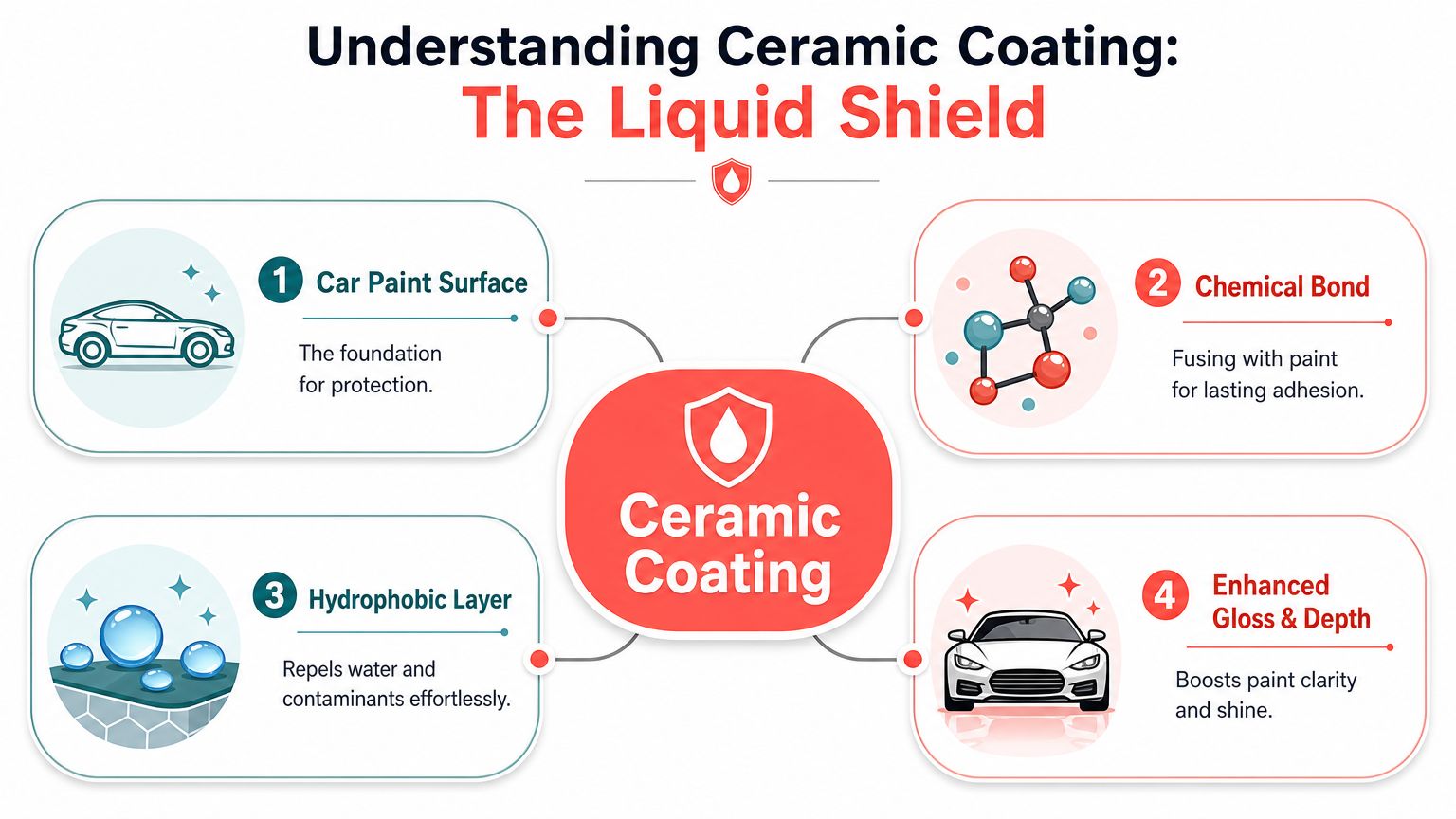 An infographic titled Understanding Ceramic Coating explaining the four key benefits for car paint surfaces.