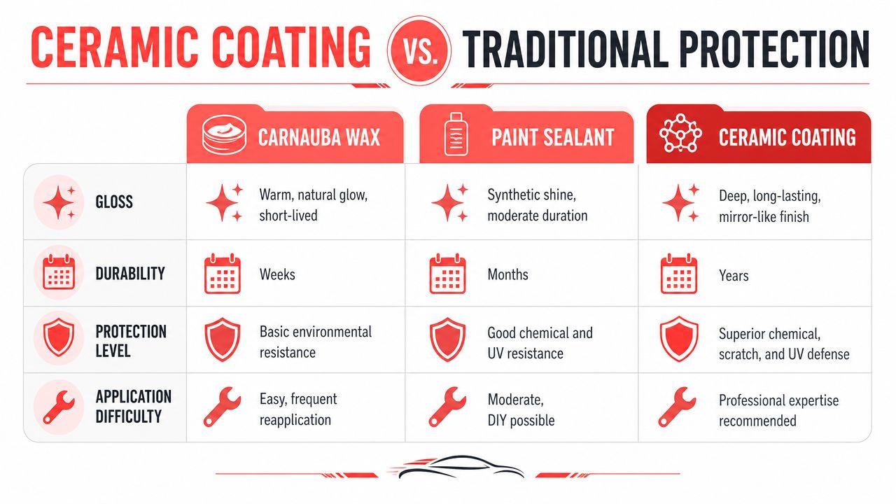 A comparison chart showing the differences between carnauba wax, paint sealant, and ceramic coating for vehicle protection.