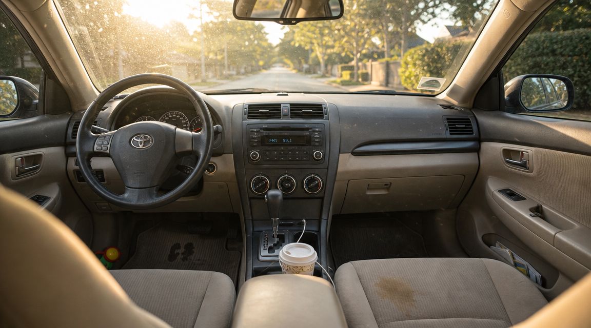 A view from the driver's seat of a dirty Toyota car interior needing a professional cleaning service.