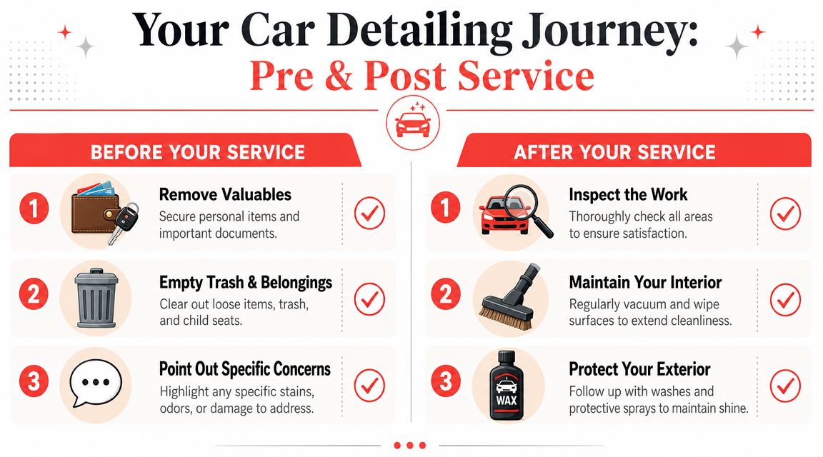 An infographic detailing essential steps for customers to take before and after a professional car cleaning service.
