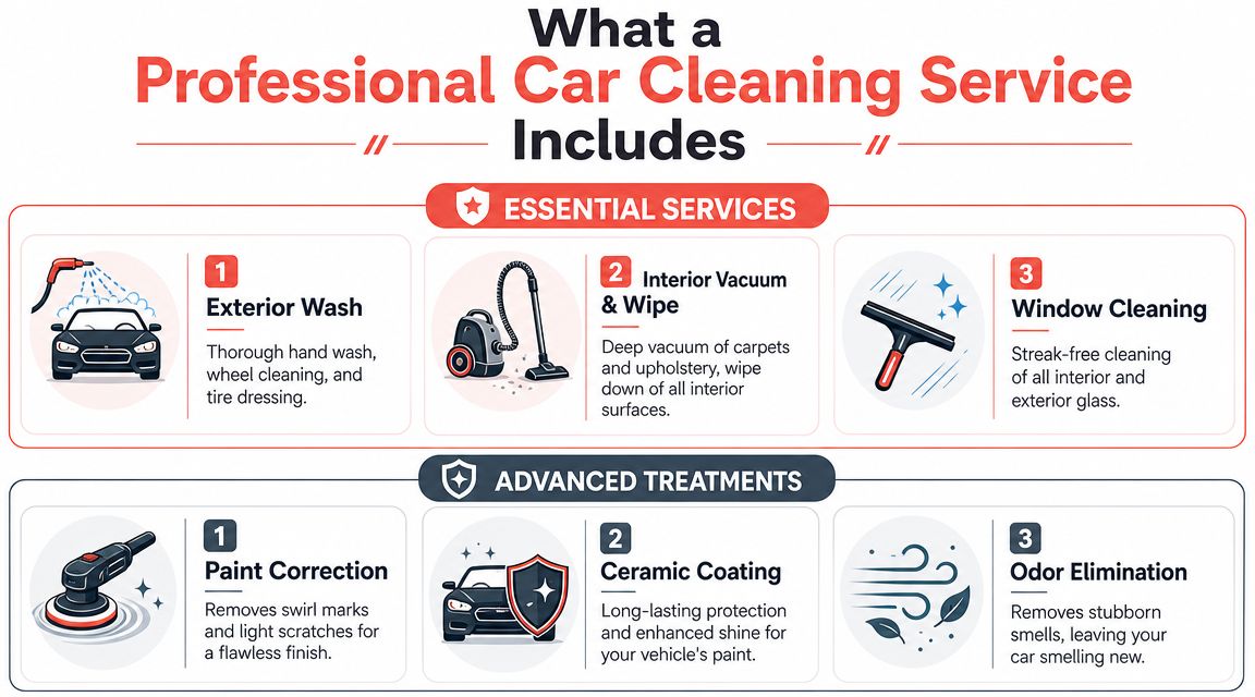 An infographic detailing the essential services and advanced treatments provided by a professional car cleaning company.