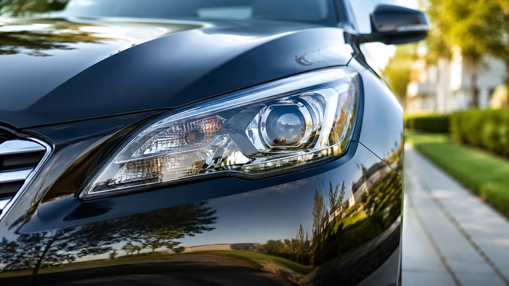 Close-up of a sleek black car headlight showing a high-gloss finish perfect for professional detailing services.