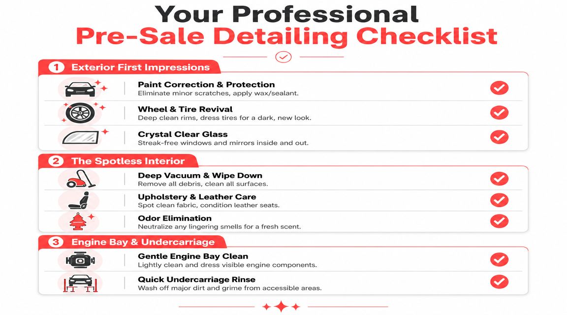A professional car detailing checklist highlighting exterior, interior, and engine bay cleaning steps for pre-sale preparation.