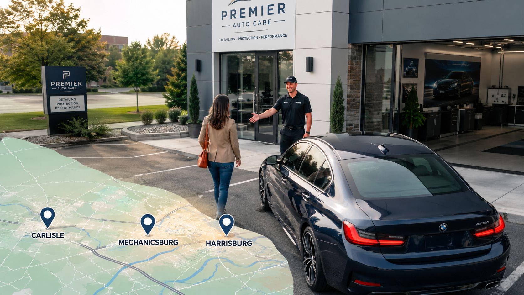 A professional service advisor welcomes a female customer at Premier Auto Care for car detailing services.