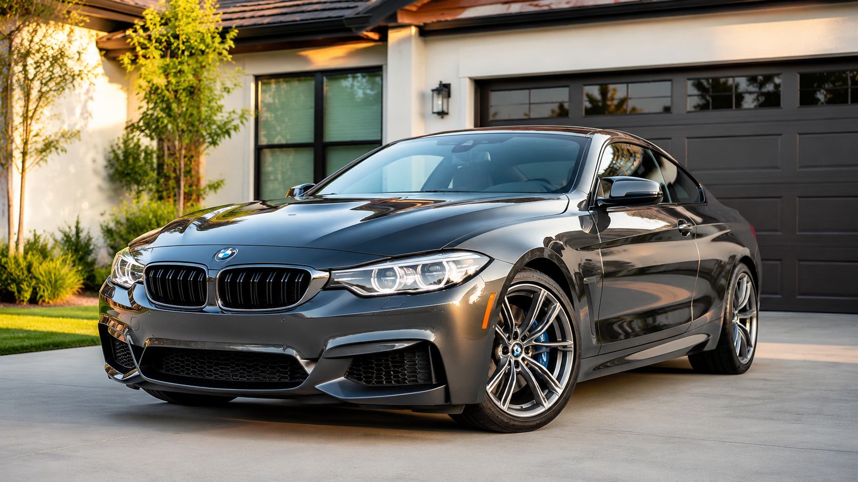 A sleek dark grey BMW coupe parked on a clean concrete driveway in front of a modern house.