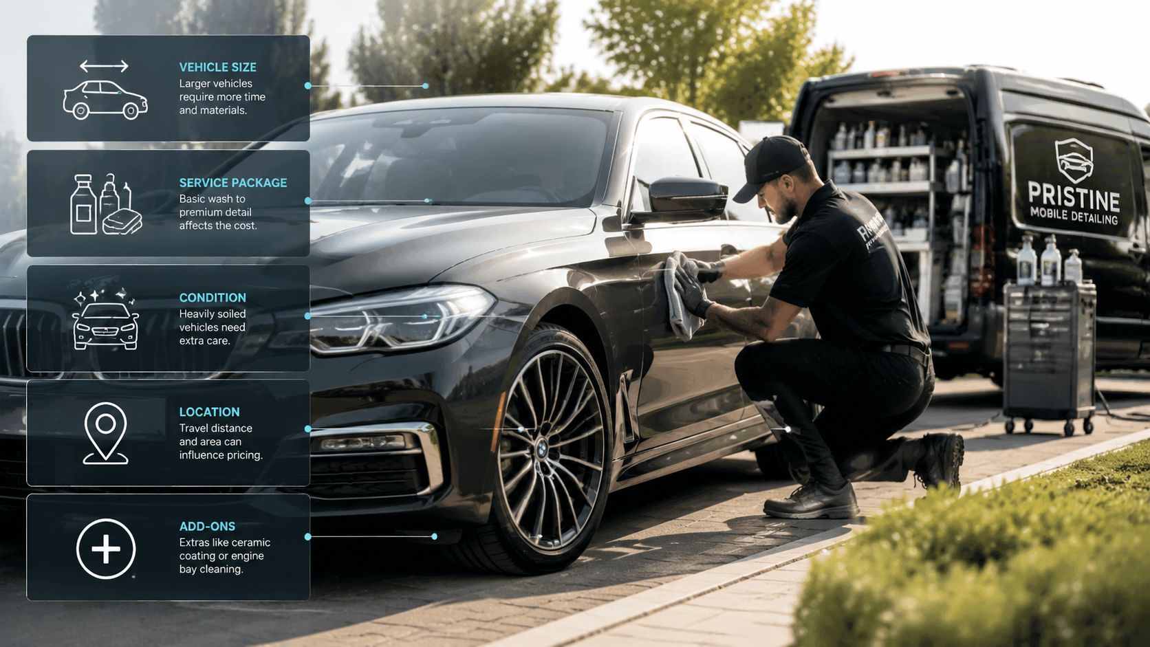 A professional car detailer cleaning a luxury black sedan outside with a mobile detailing van nearby.