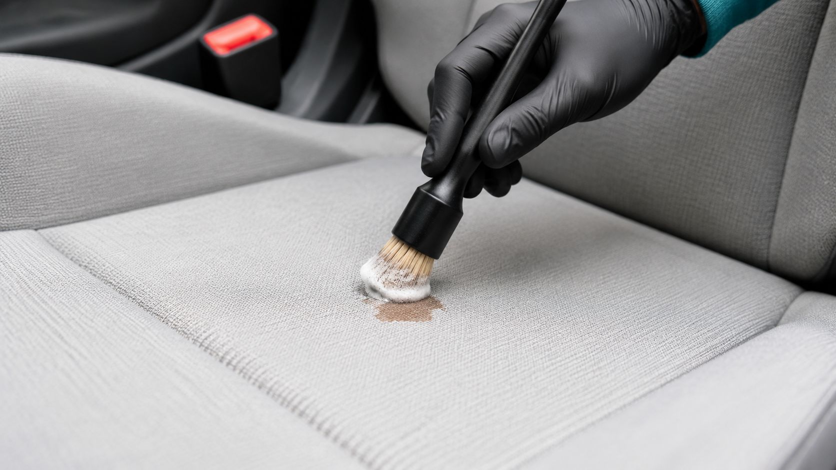A gloved hand uses a brush and cleaning foam to scrub a stain on a car seat.