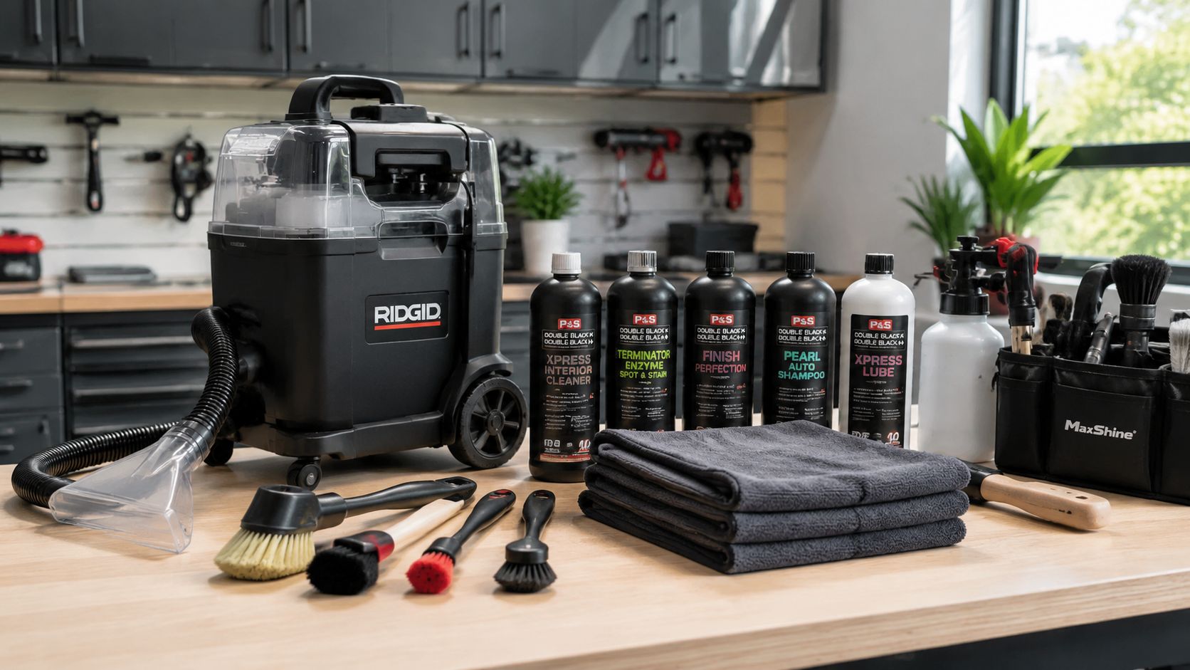 A Ridgid carpet cleaner, P&S car detailing chemicals, brushes, and microfiber towels on a workshop workbench.