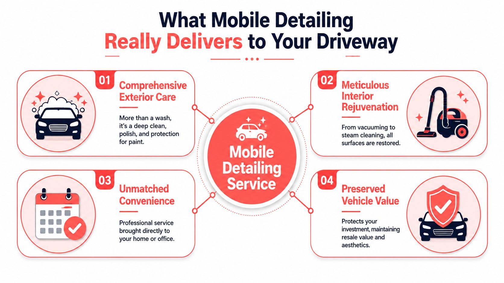 An infographic illustrating four key benefits of professional mobile car detailing services for vehicle owners.