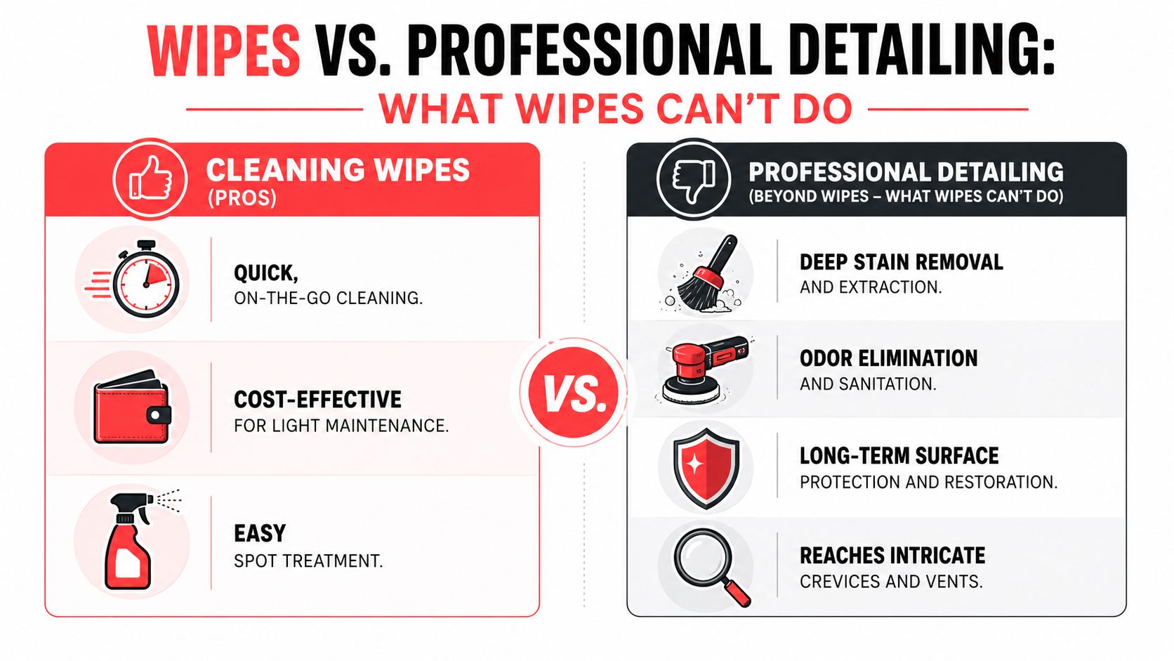 A comparison chart showing the benefits of car interior cleaning wipes versus professional car detailing services.
