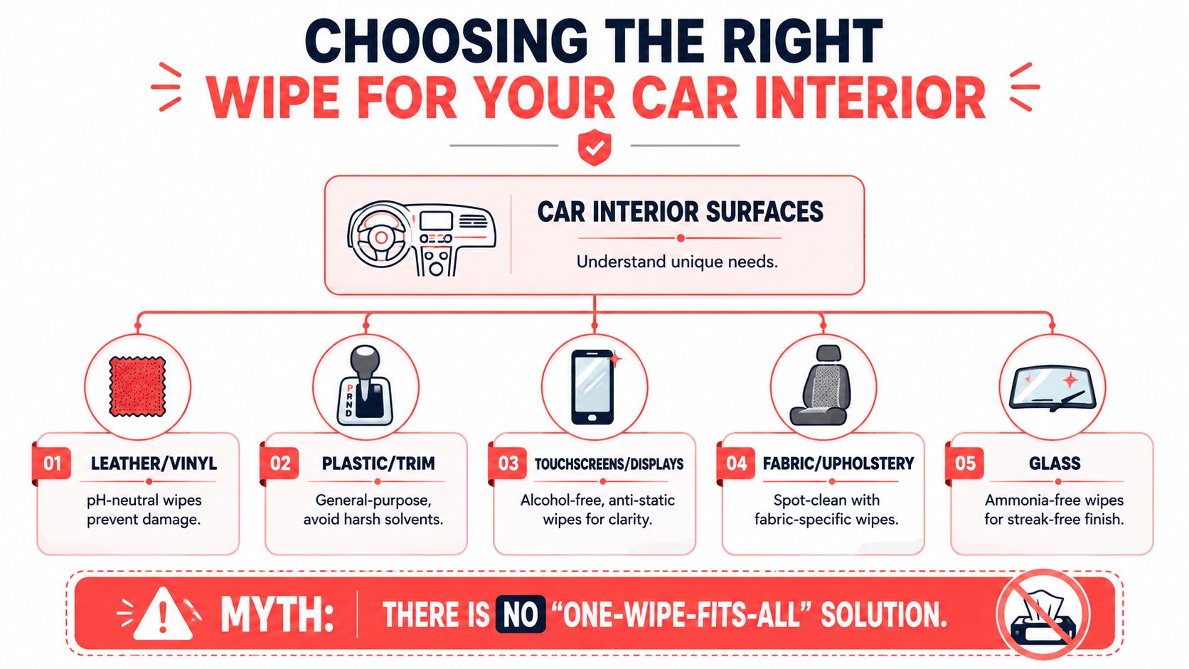 An infographic illustrating how to choose the right cleaning wipes for different car interior surfaces like leather, plastic, and glass.
