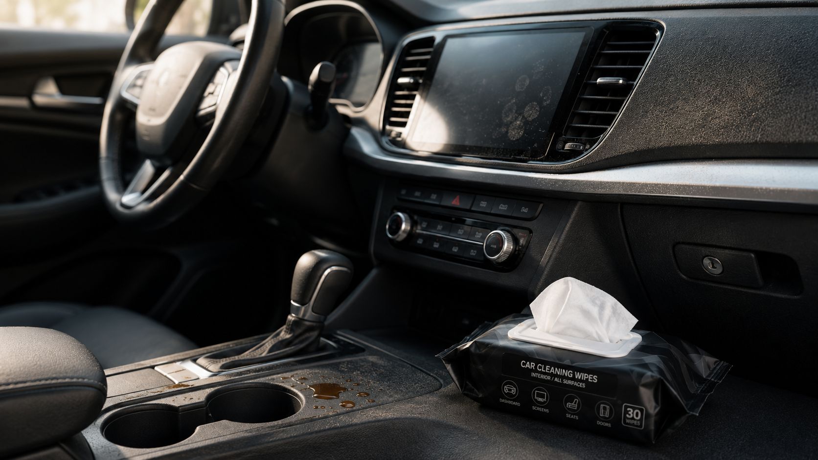 A pack of car cleaning wipes sits on a dusty center console with a coffee spill.
