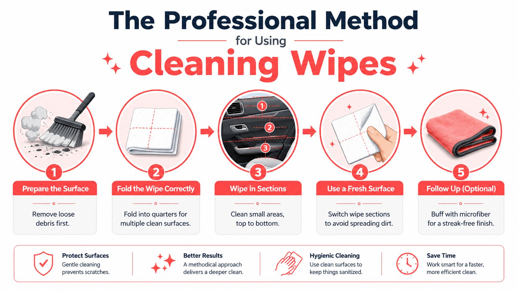 A step-by-step infographic illustrating the professional method for effectively using cleaning wipes on vehicle interiors.