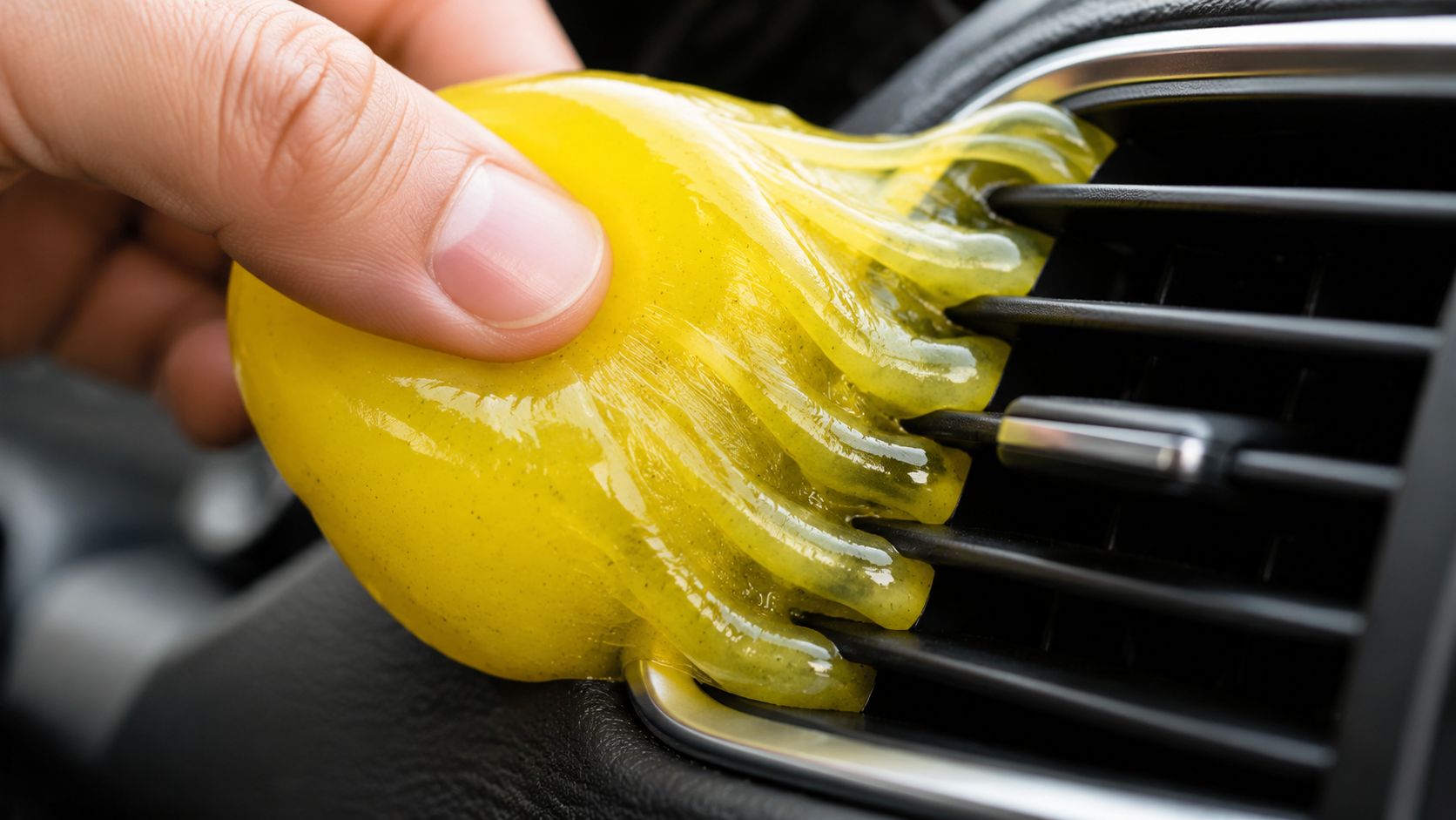 A hand using yellow cleaning slime to remove dust and dirt from a car air vent.