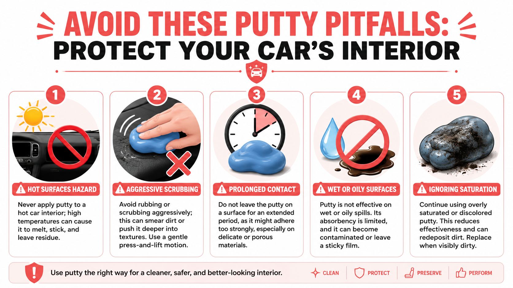 An infographic detailing five key mistakes to avoid when using cleaning putty on car interiors for maintenance.