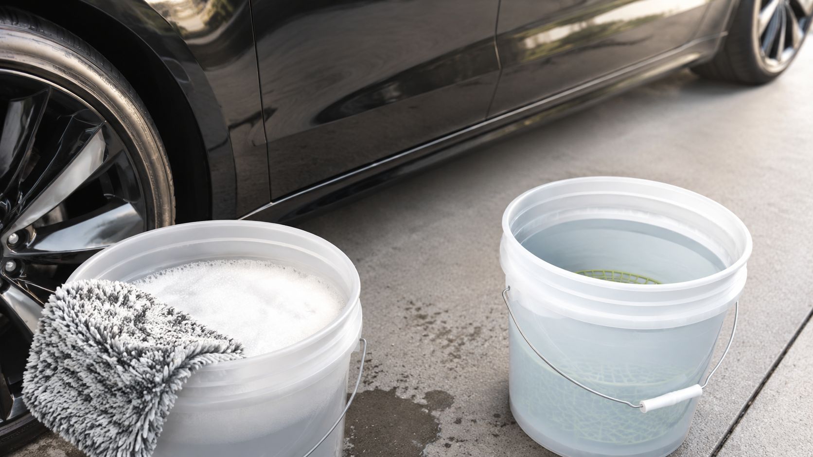 Two buckets with cleaning solution and a wash mitt set up for a hand car wash.