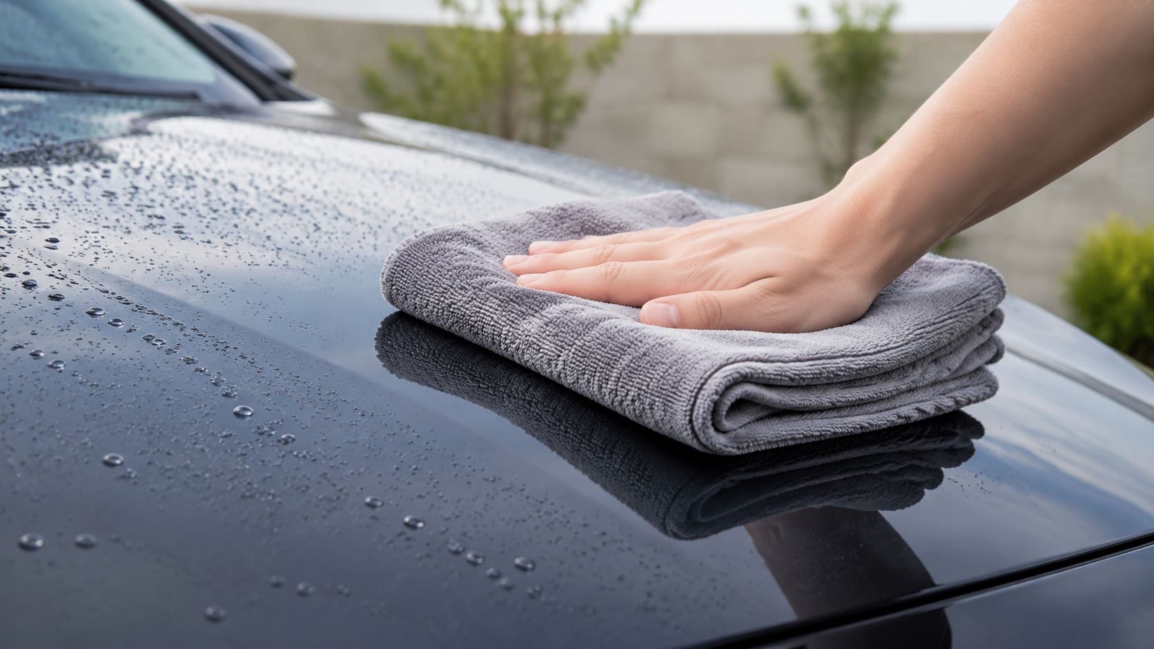 A person uses a gray microfiber cloth to gently dry and polish a wet black car hood.