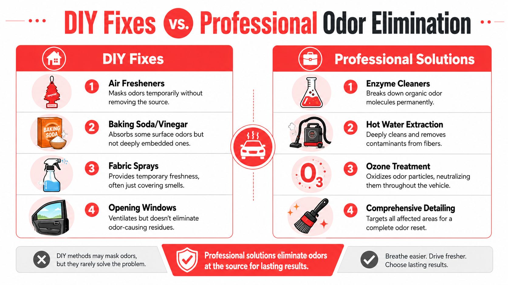 A comparison infographic showing DIY versus professional methods for removing unpleasant car odors effectively.