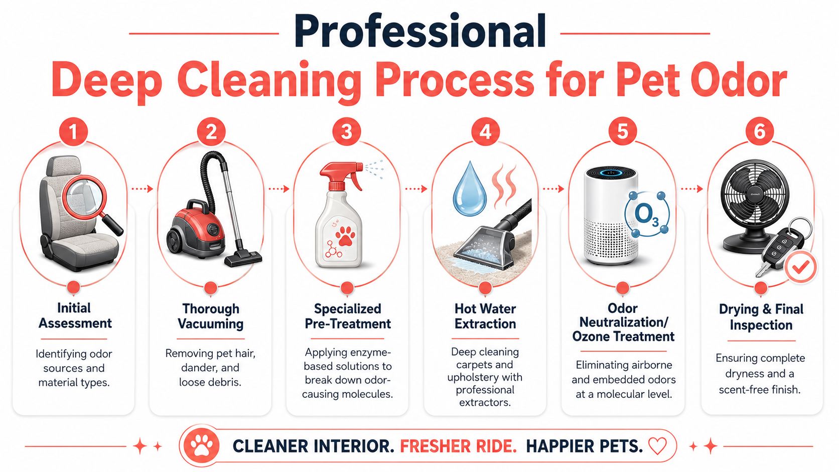 A six-step professional deep cleaning process infographic designed to effectively remove pet odors from vehicle interiors.