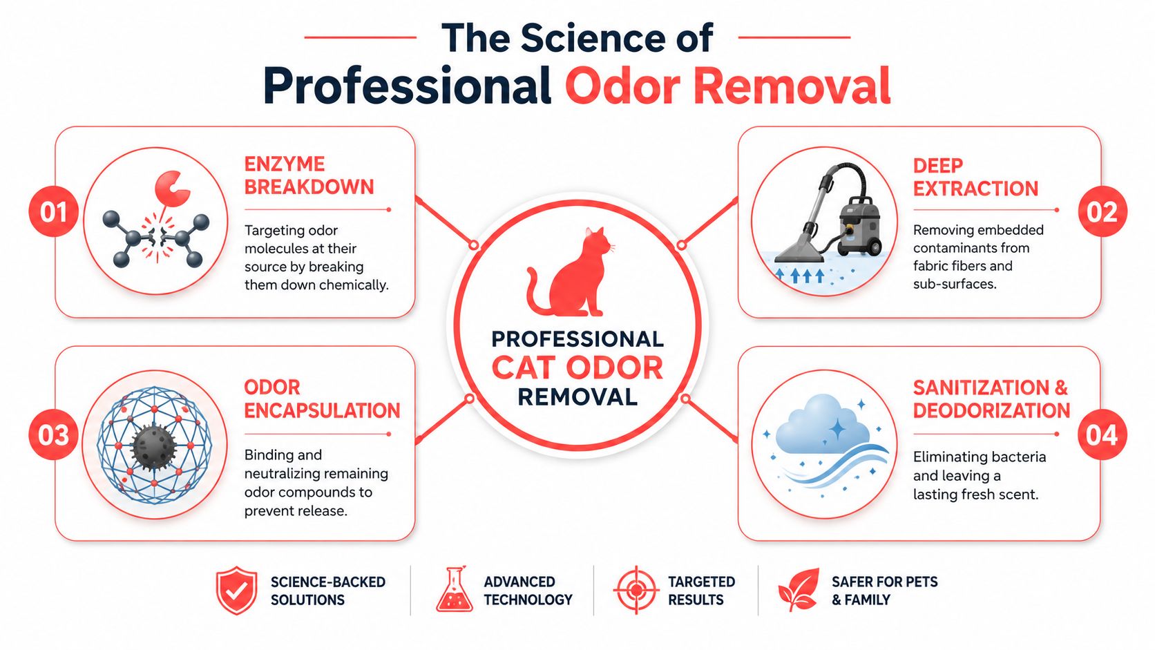 An infographic titled The Science of Professional Odor Removal explaining four steps to eliminate cat odors.