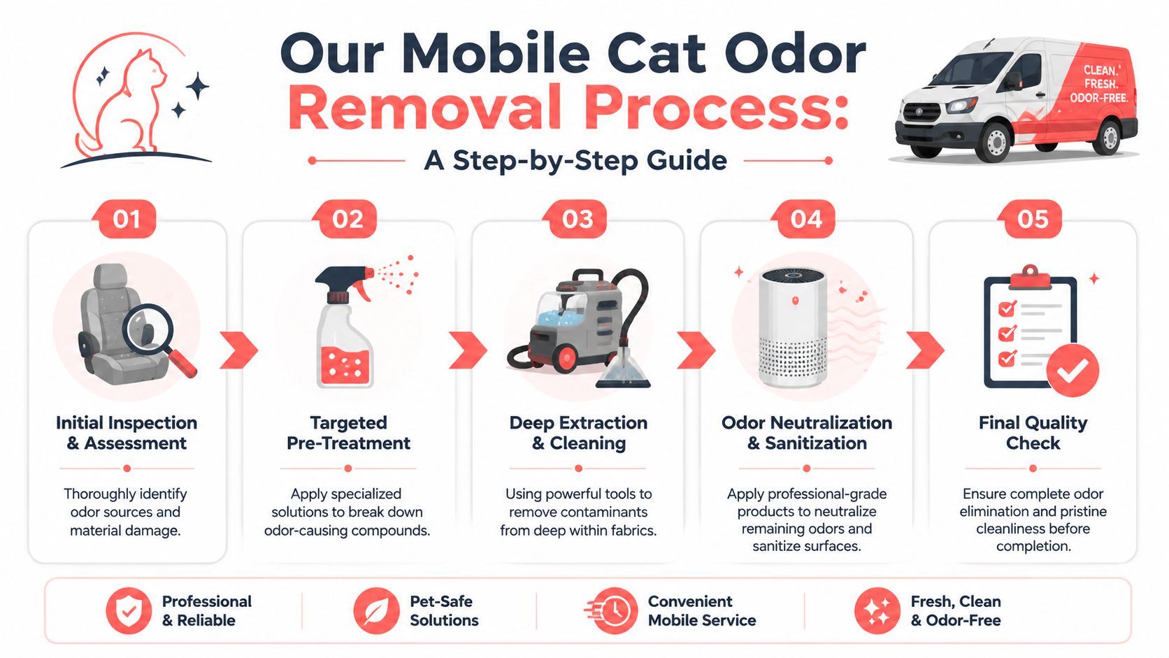 A step-by-step infographic illustrating a professional mobile cat odor removal service process for vehicle interiors.