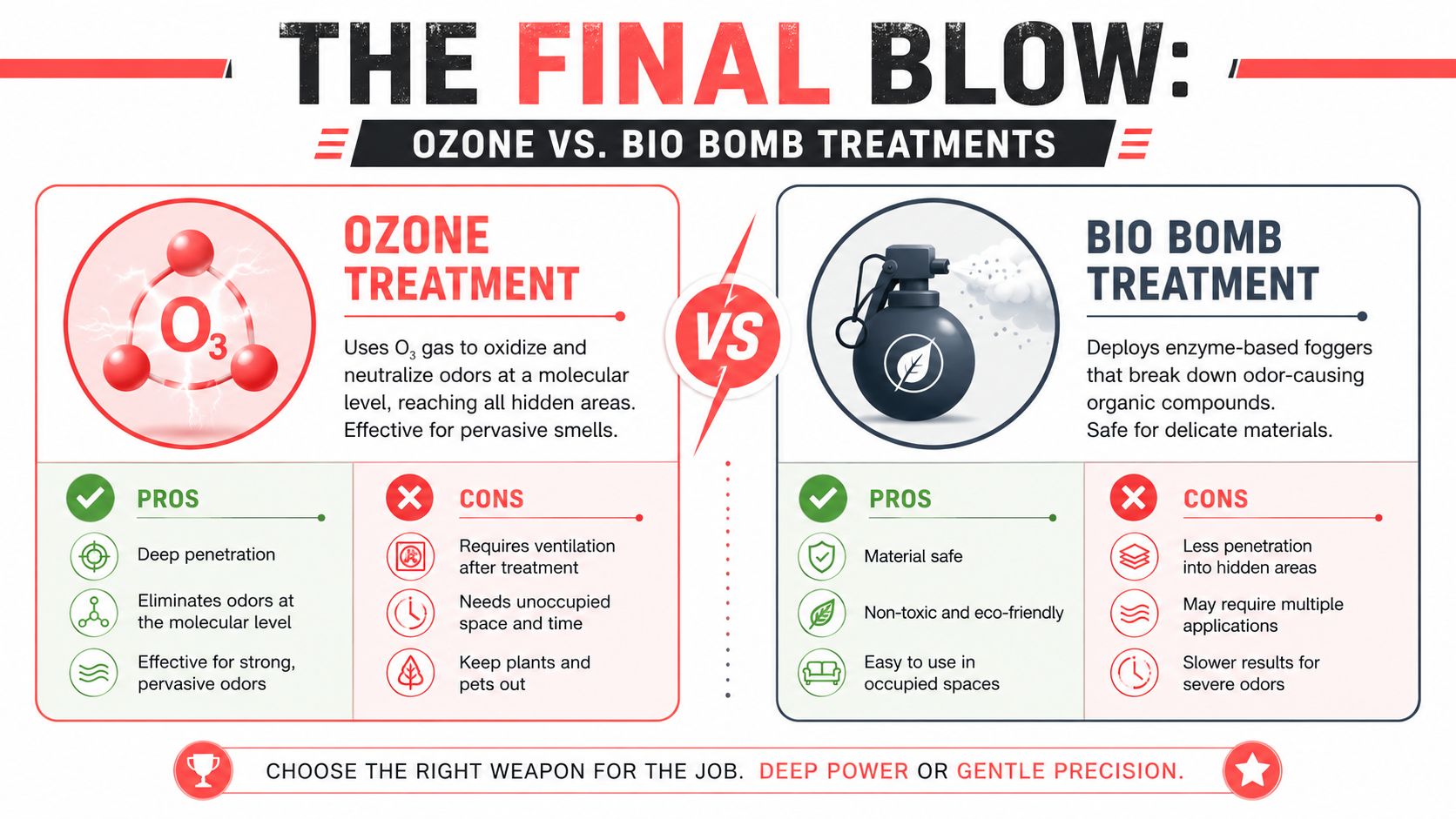 A comparison infographic between ozone gas treatment and bio bomb enzyme foggers for odor removal.