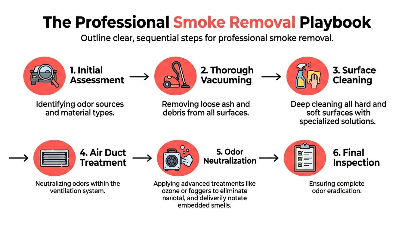 An infographic showing six sequential steps for professional smoke removal in a residential or commercial property.