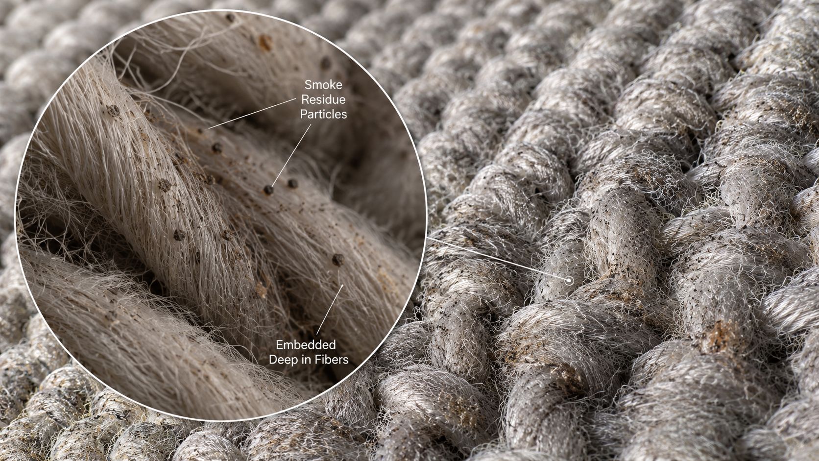 A close-up view of grey woven fabric showing dark smoke residue particles deeply embedded in the fibers.