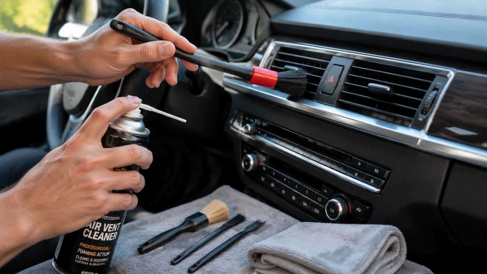 A person using a cleaning brush and aerosol spray to clean the air vent of a car.
