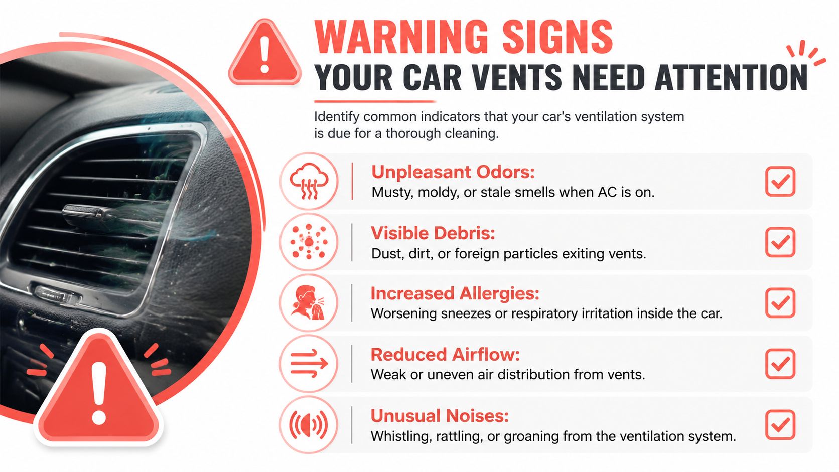 An infographic detailing five warning signs that indicate a car's ventilation system needs professional cleaning.