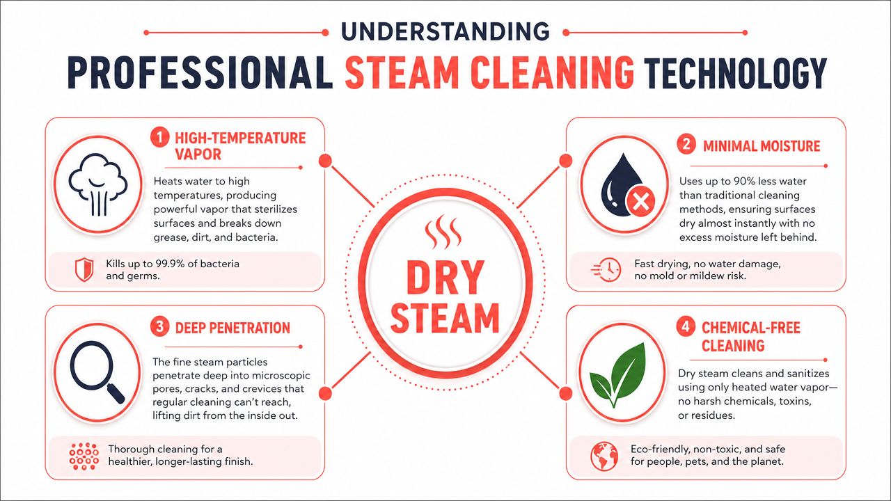An infographic explaining the benefits of professional dry steam cleaning technology for effective, eco-friendly sanitization.