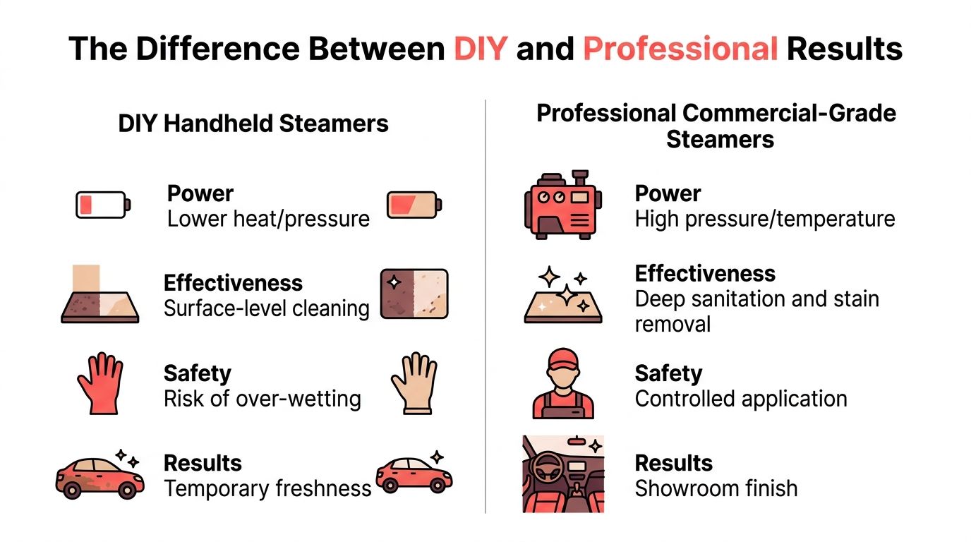 A comparison chart showing the differences in power, effectiveness, safety, and results between DIY and professional car steamers.