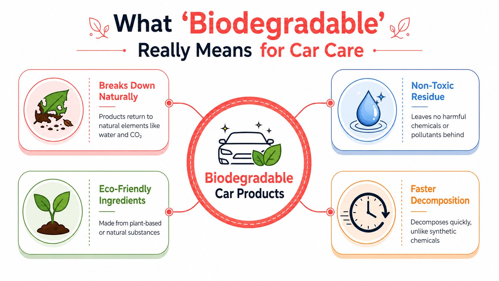 An infographic explaining the benefits and meaning of using biodegradable car care products for environmental sustainability.