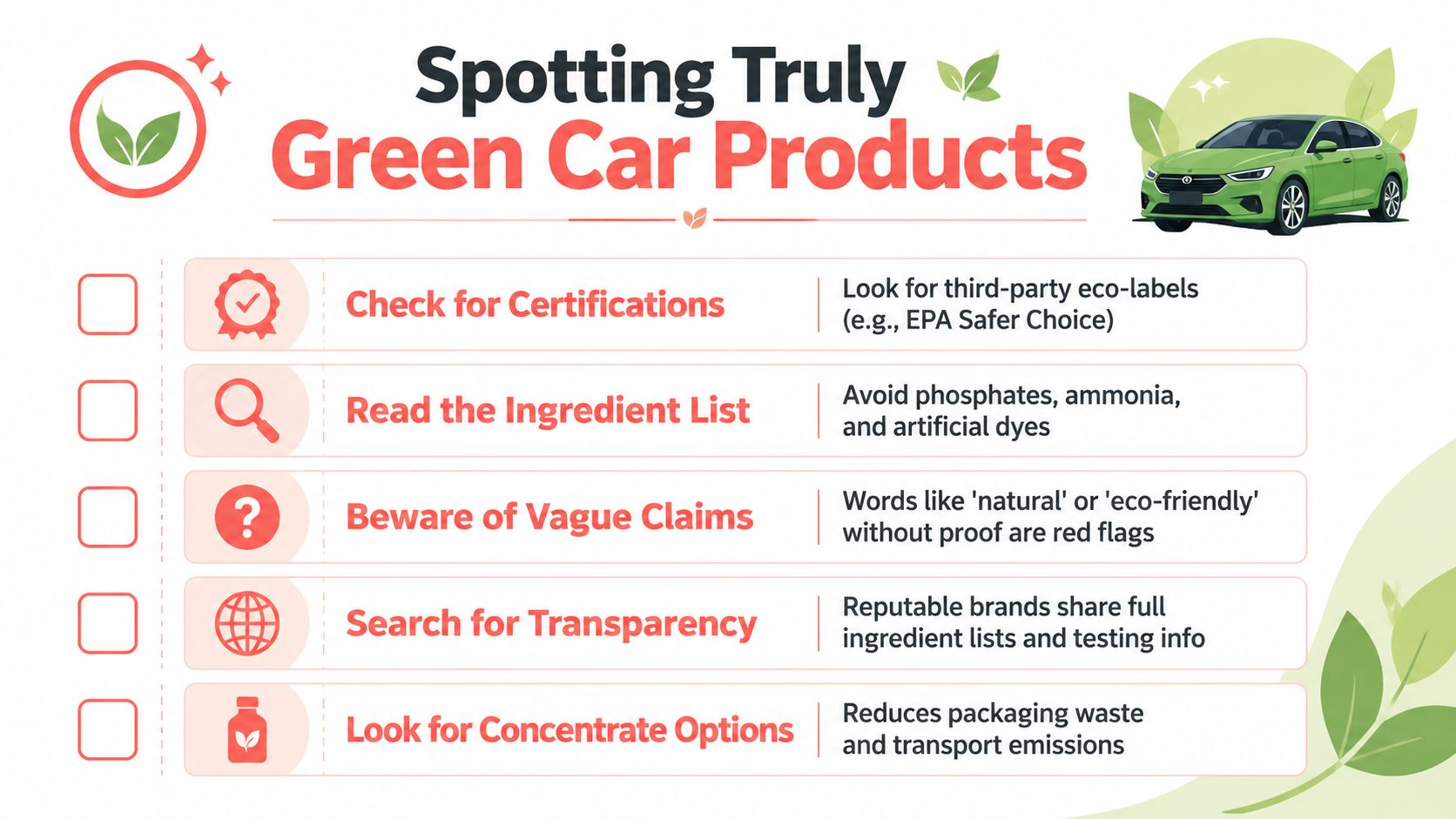 An infographic checklist with five tips for identifying authentic eco-friendly and sustainable car cleaning products.