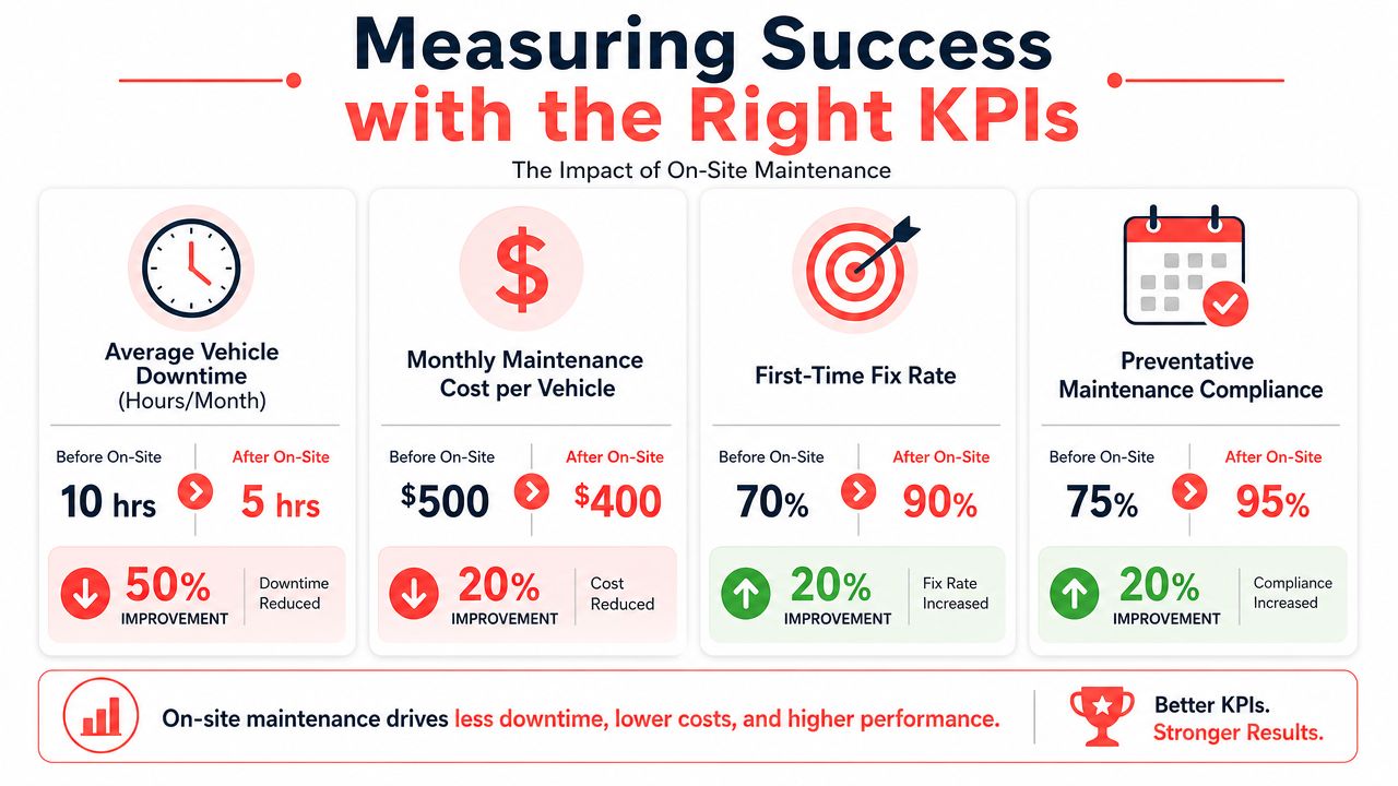 An infographic showing how on-site maintenance improves fleet KPIs like downtime, costs, fix rates, and compliance.