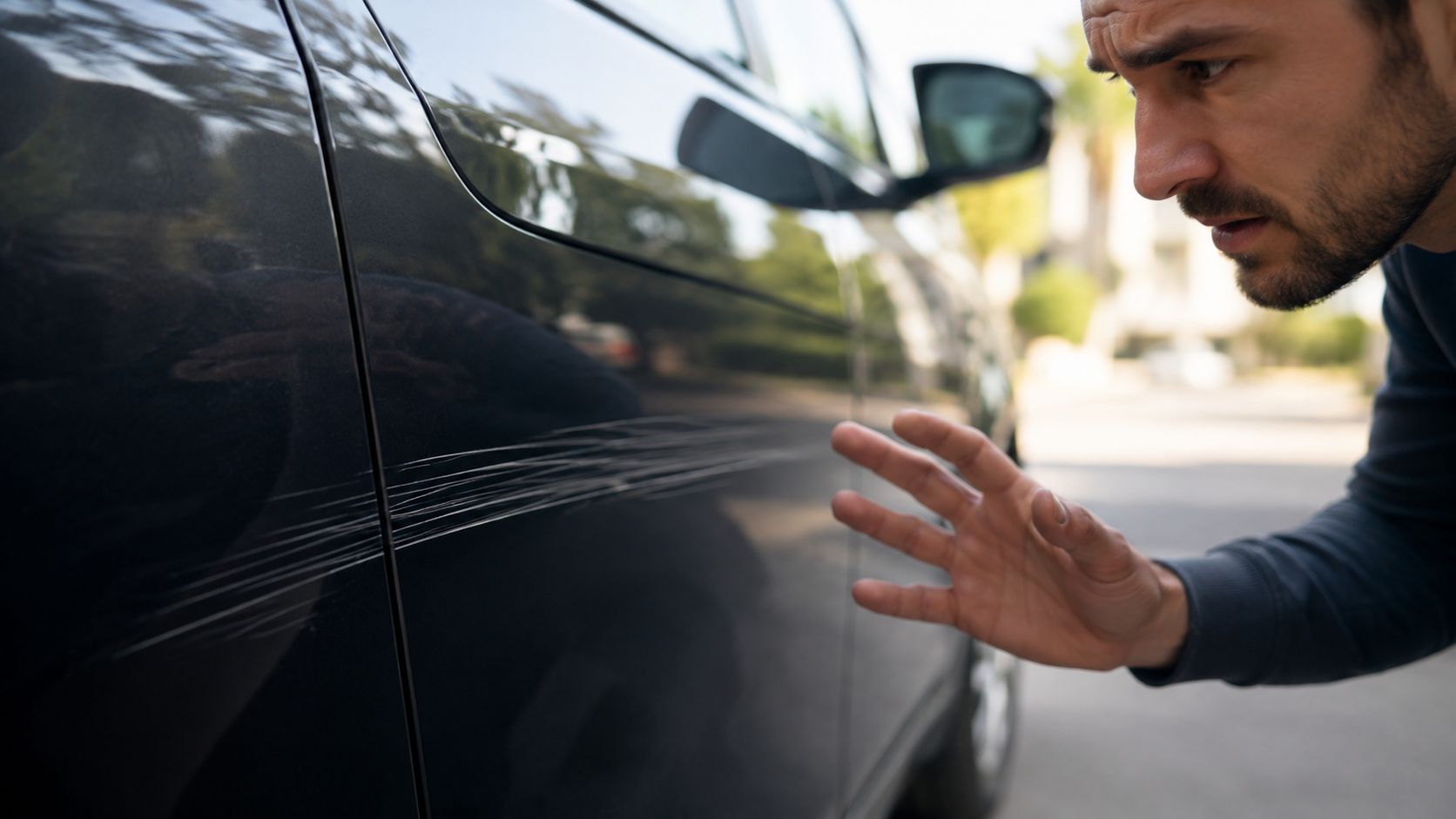 A concerned man inspecting deep scratches on the side door of his black car while outdoors.