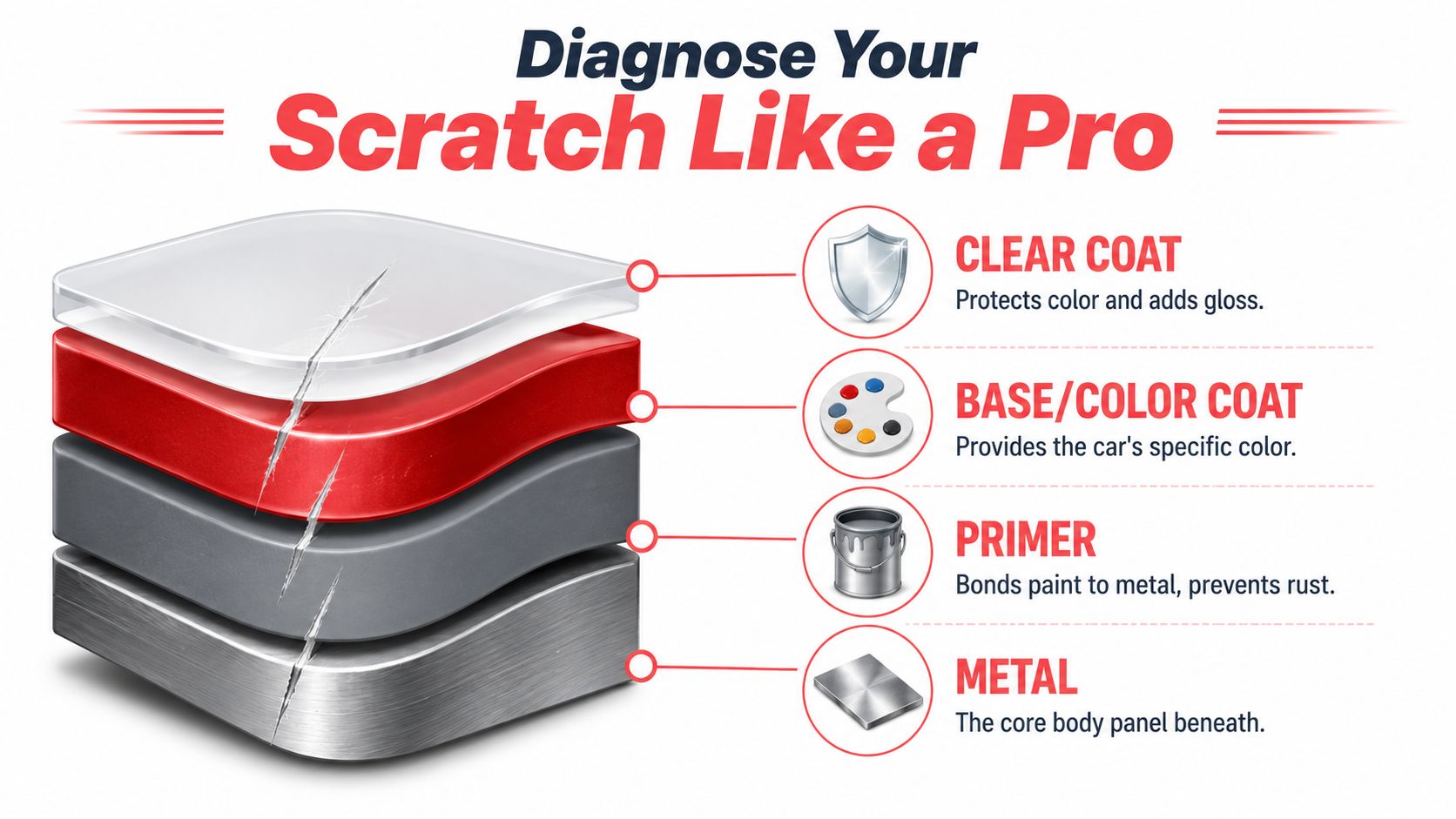 A diagram illustrating the layers of a car paint job: clear coat, color coat, primer, and metal.