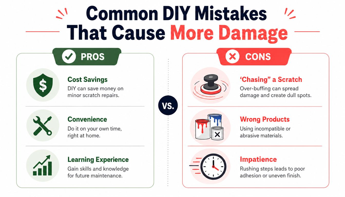A comparison chart highlighting the pros and common DIY mistakes that can cause car scratch repair damage.