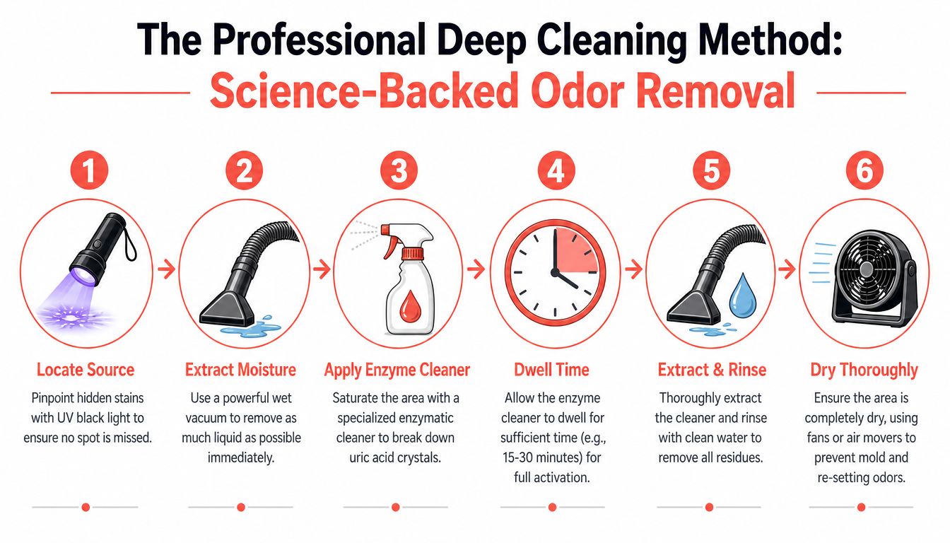 A six-step professional guide for deep cleaning to remove stubborn odors like pet urine from carpets.