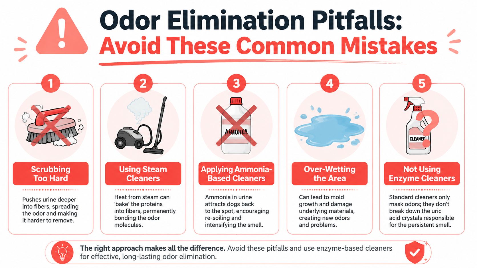 An infographic titled Odor Elimination Pitfalls displaying five common cleaning mistakes to avoid when removing pet urine odors.