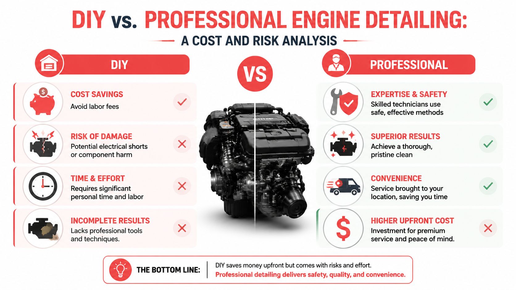 A comparison infographic showing the pros and cons of DIY engine detailing versus professional engine detailing services.