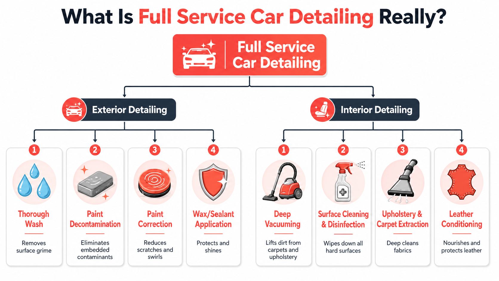 An infographic detailing the comprehensive steps involved in a professional full service car detailing process.