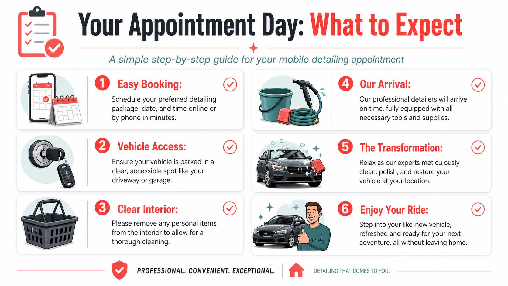 A six-step infographic guide detailing the process for a convenient mobile auto detailing home service appointment.